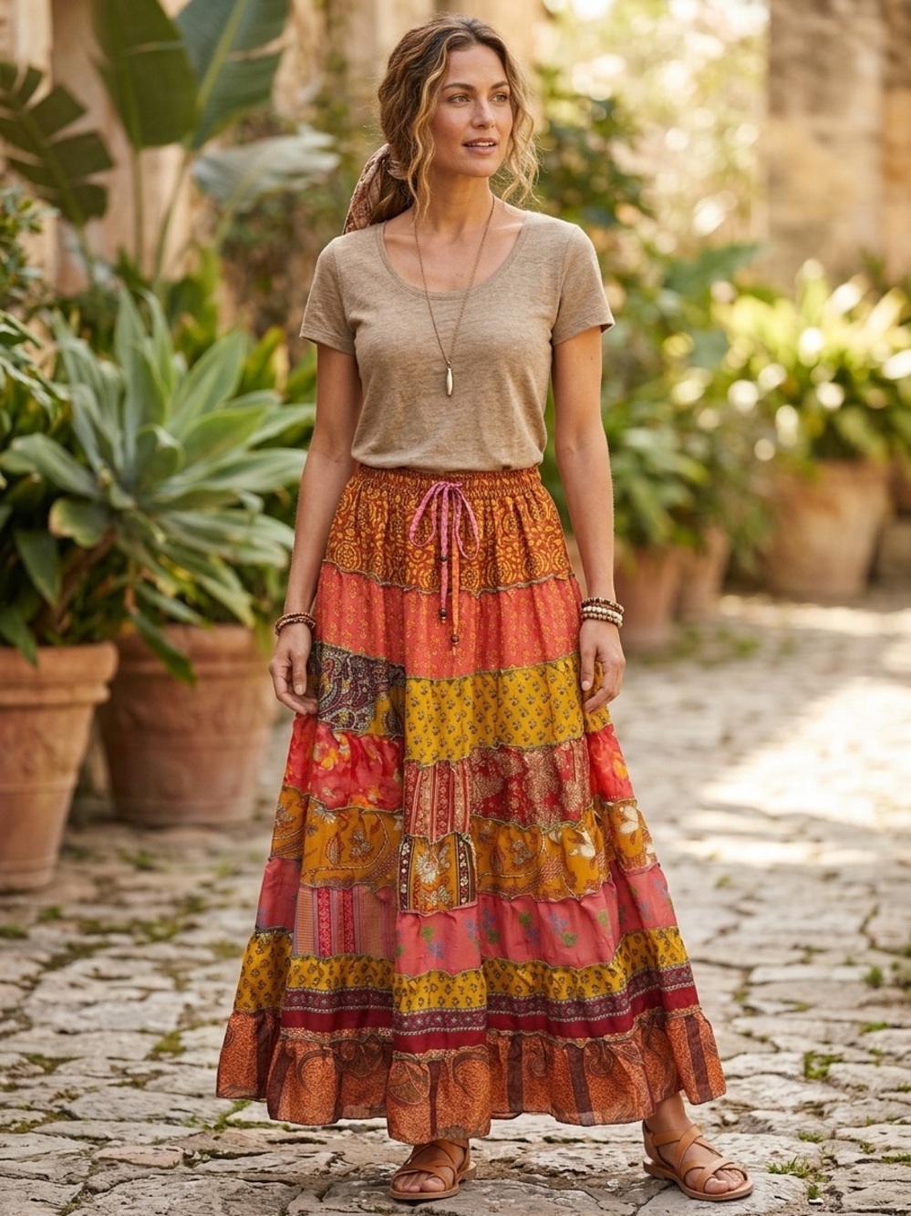 Bohemian Tiered Maxi Skirt - Yellow & Pink Patchwork